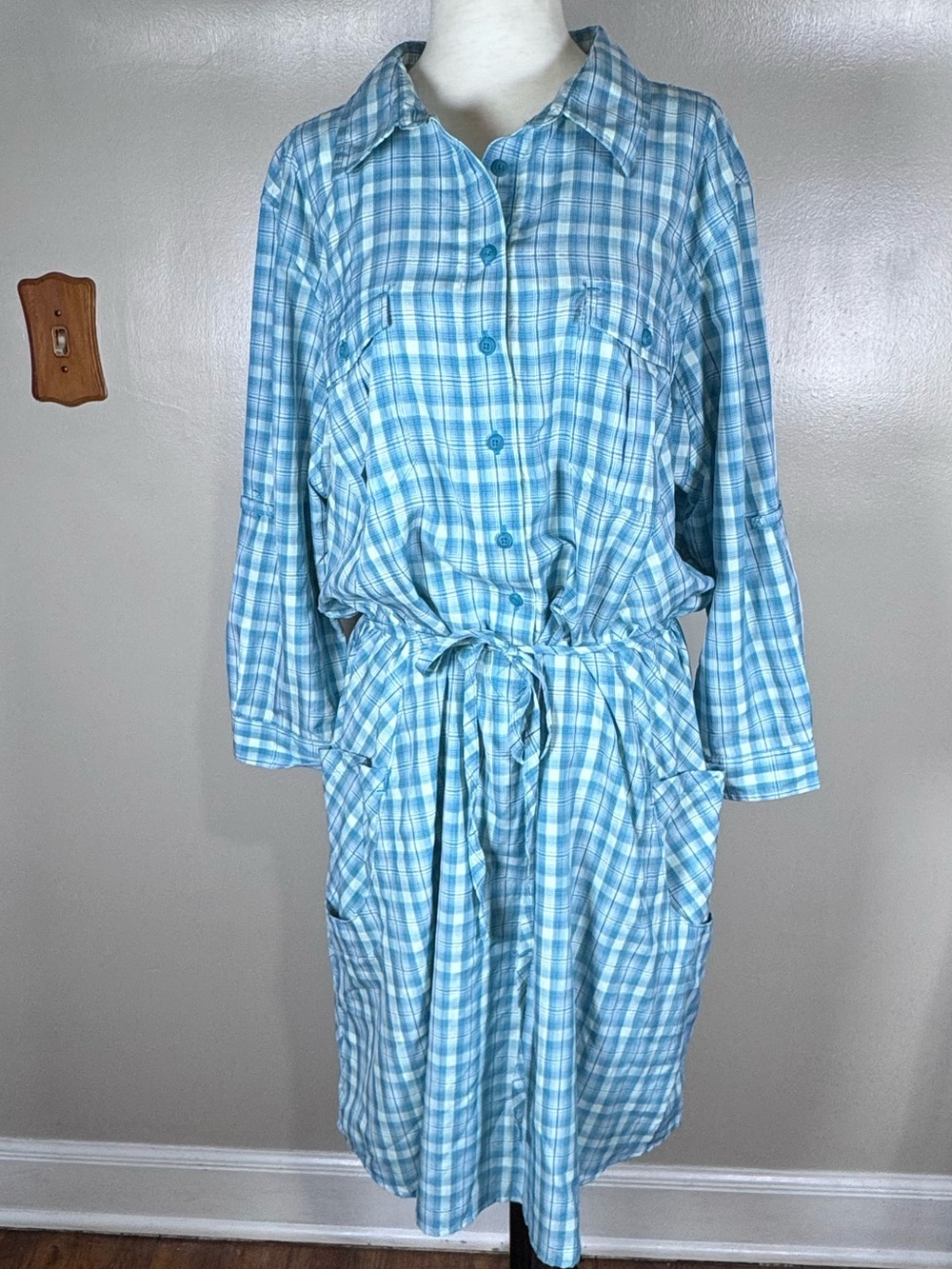 Duluth Blue Plaid Armachillo Cooling Shirt Dress Pockets Belt Mini Plus Size 2XL